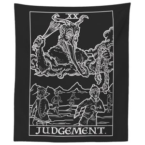 May include: Black and white tapestry featuring the Judgement tarot card. The card depicts a winged angel blowing a trumpet, with people rising from their graves below. The text "XX JUDGEMENT." is at the bottom of the card.