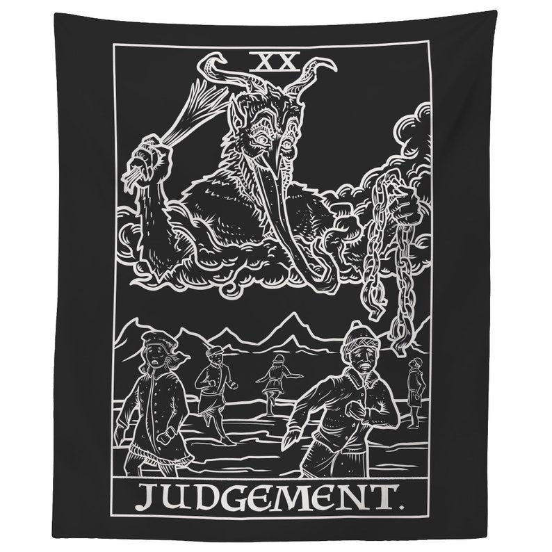May include: Black and white tapestry featuring the Judgement tarot card. The card depicts a winged angel blowing a trumpet, with people rising from their graves below. The text "XX JUDGEMENT." is at the bottom of the card.