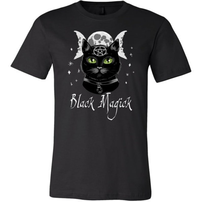 May include: Black t-shirt with a black cat wearing a pentagram and surrounded by a triple moon symbol. The text "Black Magick" is printed below the cat.