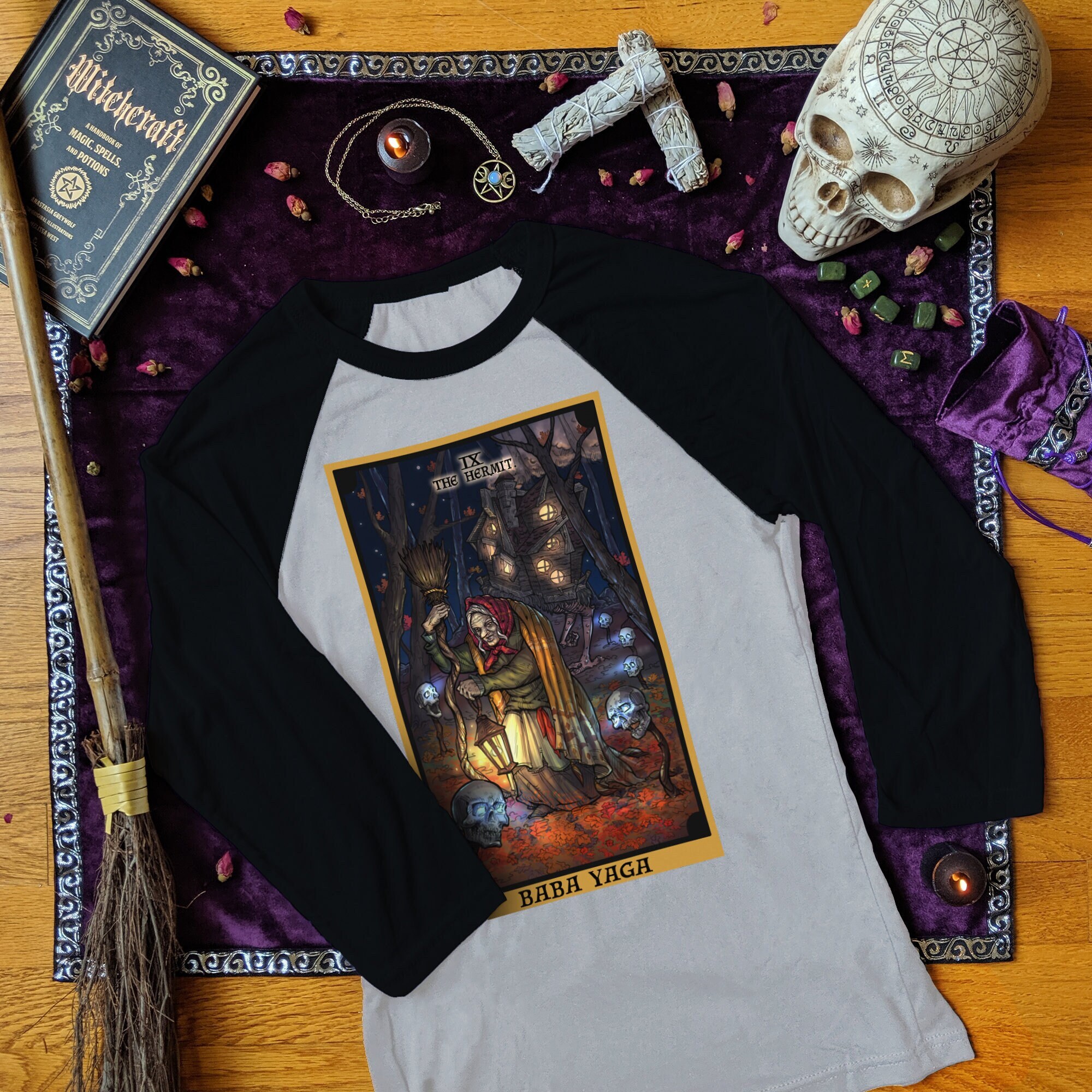 Baba Yaga The Hermit Tarot Card Raglan Baseball Tee Shirt Slavic Pagan Witch Long Sleeve Wicca Clothes Witchcraft TShirt Wiccan Clothing
