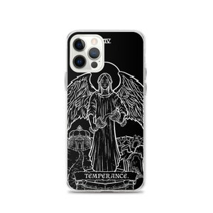 May include: Black and white illustration of the Temperance card from a tarot deck. The image features an angel pouring water from one cup to another. The text "TEMPERANCE" is at the bottom of the image.