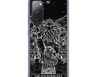 May include: A black and white phone case with a graphic of a Cthulhu-like creature and the text "THE HIEROPHANT."