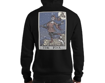 The Fool Terror Tarot Edition Spooky Jester Halloween Back Print Hoodie with Small Chest Print Goth Gothic Witch Gift Sweatshirt Hoodie