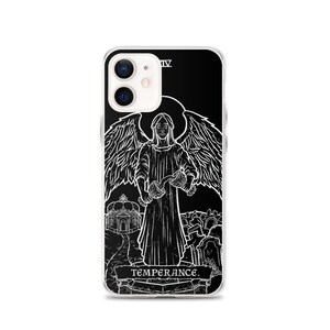 May include: A black and white phone case with a tarot card design. The card is Temperance, featuring an angel pouring water from one cup to another. The card number XIV is visible in the top right corner. The text "TEMPERANCE" is at the bottom of the card.