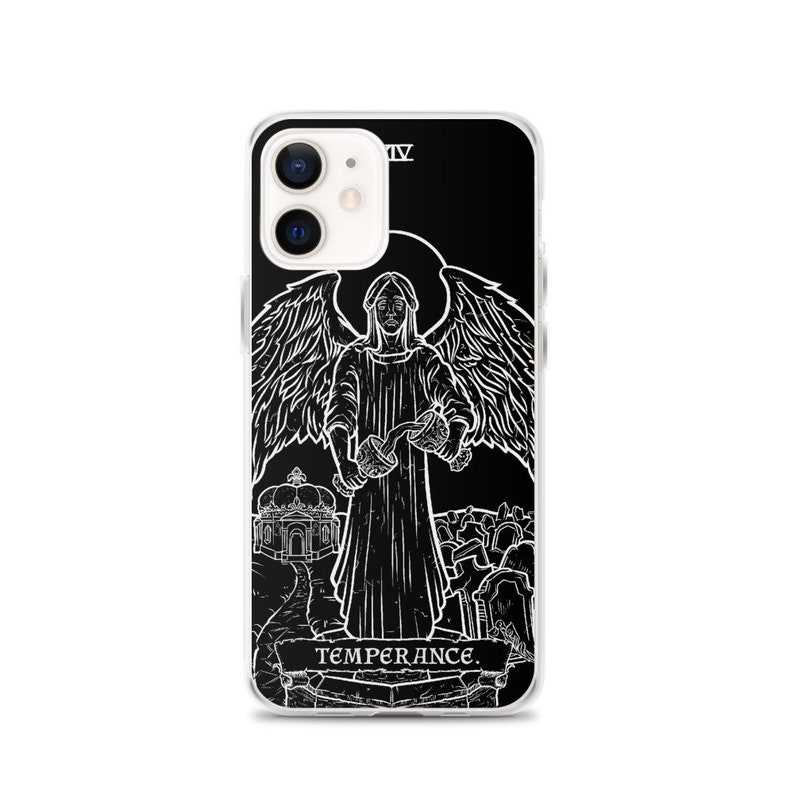 May include: A black and white phone case with a tarot card design. The card is Temperance, featuring an angel pouring water from one cup to another. The card number XIV is visible in the top right corner. The text "TEMPERANCE" is at the bottom of the card.