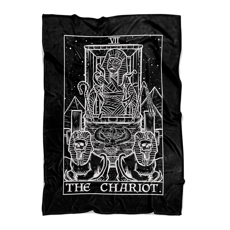 May include: Black blanket with a white illustration of The Chariot tarot card. The design features an Egyptian pharaoh in a chariot, pyramids, and the text "THE CHARIOT."