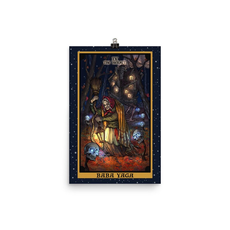 May include: A tarot card illustration of the Hermit, featuring Baba Yaga, a witch with a lantern and a broom, surrounded by skulls in a dark forest. The card is titled "IX The Hermit" and "Baba Yaga".