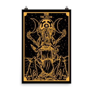 May include: A black and gold tarot card depicting The Moon. The card features a three-headed goddess figure with a snake wrapped around her arm, standing between two howling wolves. The card is titled "XVIII THE MOON".
