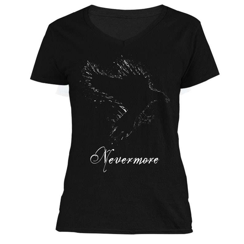 May include: Black v-neck t-shirt with a white silhouette of a raven flying and the text "Nevermore" printed on the front.