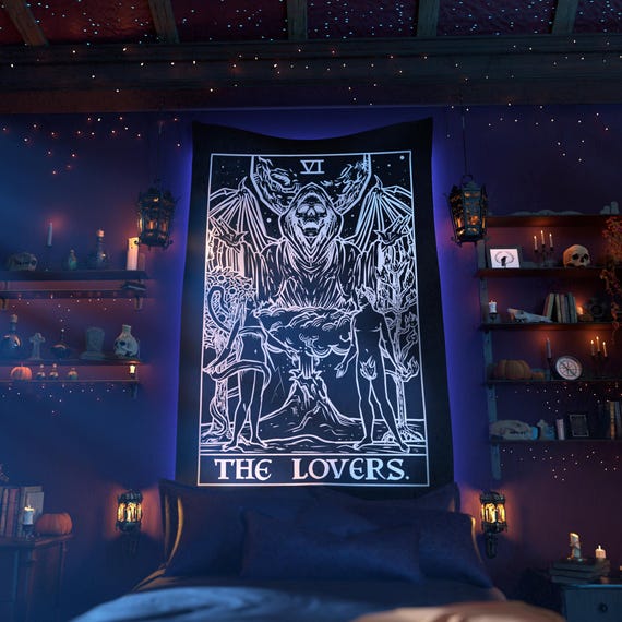 The Lovers Tarot Card Wall Hanging Halloween Bedroom Decor Gothic Home Decor Witch Wall Tapestry Witchcraft Wall Art Witchy Tapestry
