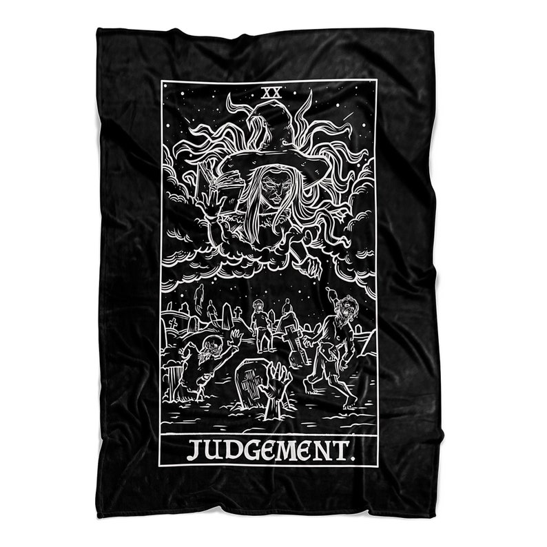 May include: Black and white illustration of a tarot card depicting the Judgement card. The card features a figure with wings and a halo, surrounded by clouds, and a graveyard below.