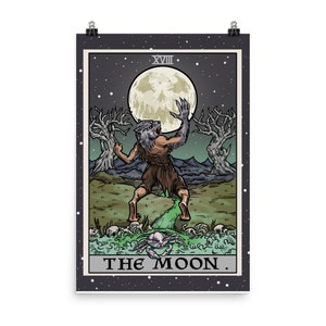 Affiche de carte de tarot de la lune, affiches de loup-garou, décoration murale d'halloween, art mural gothique, tenture murale d'halloween, décoration d'intérieur gothique, affiche effrayante