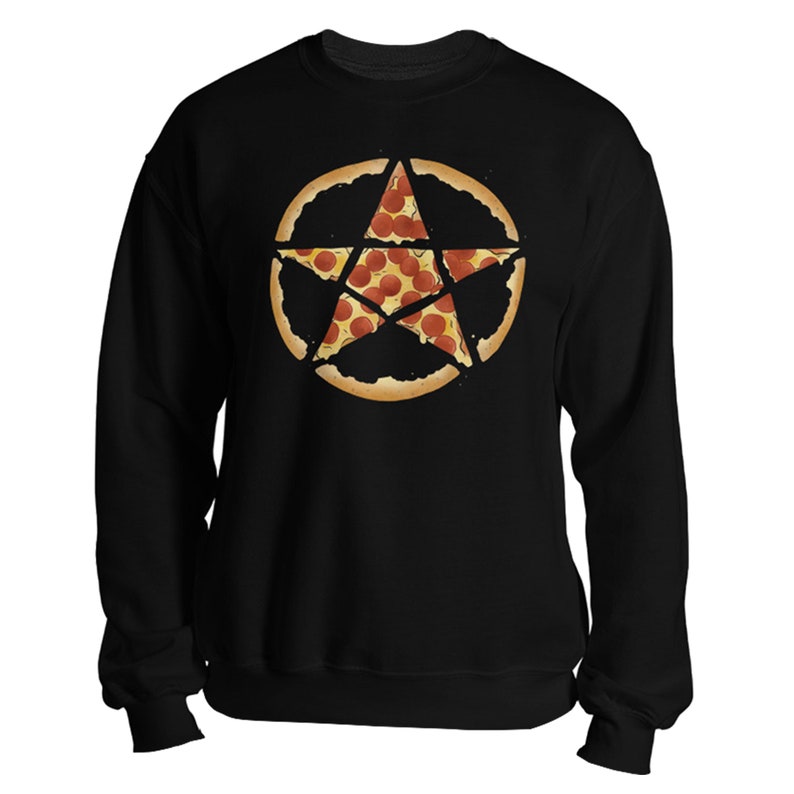 May include: Black sweatshirt featuring a pizza design. The pizza is cut into slices forming a star shape. The pizza has a crust and is topped with pepperoni. The sweatshirt has long sleeves and a crew neck.