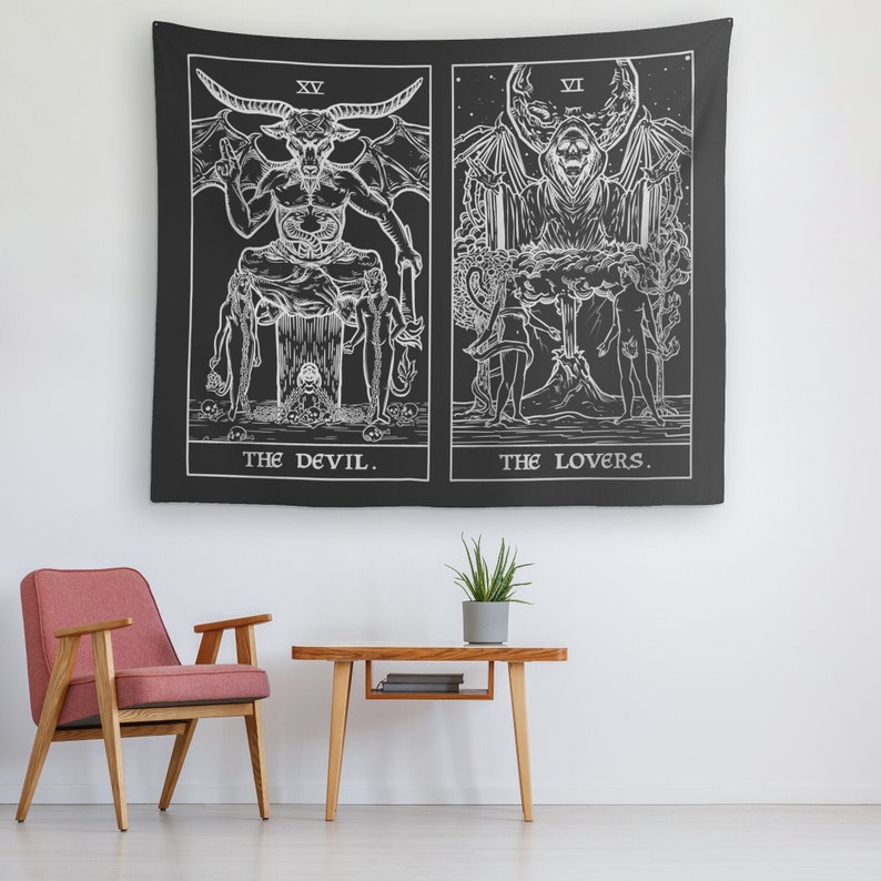 May include: Black and white tapestry featuring two tarot cards, The Devil and The Lovers. The cards are depicted in a traditional style with intricate details.