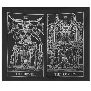 May include: Black and white tapestry featuring two tarot cards, The Devil and The Lovers. The Devil card depicts a horned figure with wings, while The Lovers card shows two figures standing under a tree.