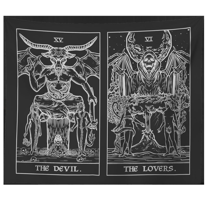 May include: Black and white tapestry featuring two tarot cards, The Devil and The Lovers. The Devil card depicts a horned figure with wings, while The Lovers card shows two figures standing under a tree.