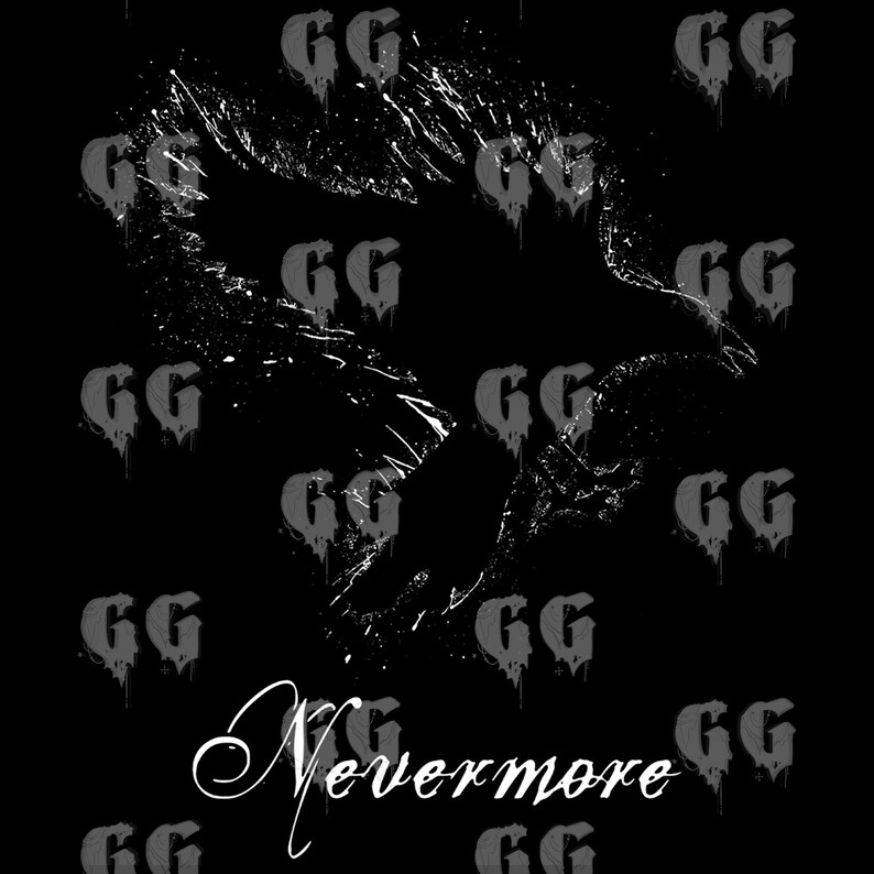 May include: Black and white graphic design with the word "Nevermore" in a stylized font. The background is filled with a repeating pattern of the letters "GG" in a gray color.