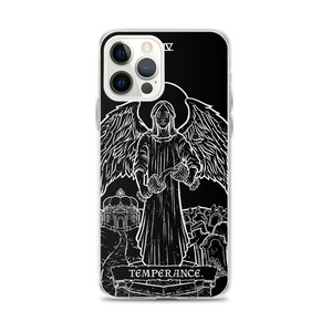 May include: A black phone case with a white outline of a tarot card depicting an angel pouring water from one cup to another. The card is labeled "TEMPERANCE" and the Roman numeral "XIV".