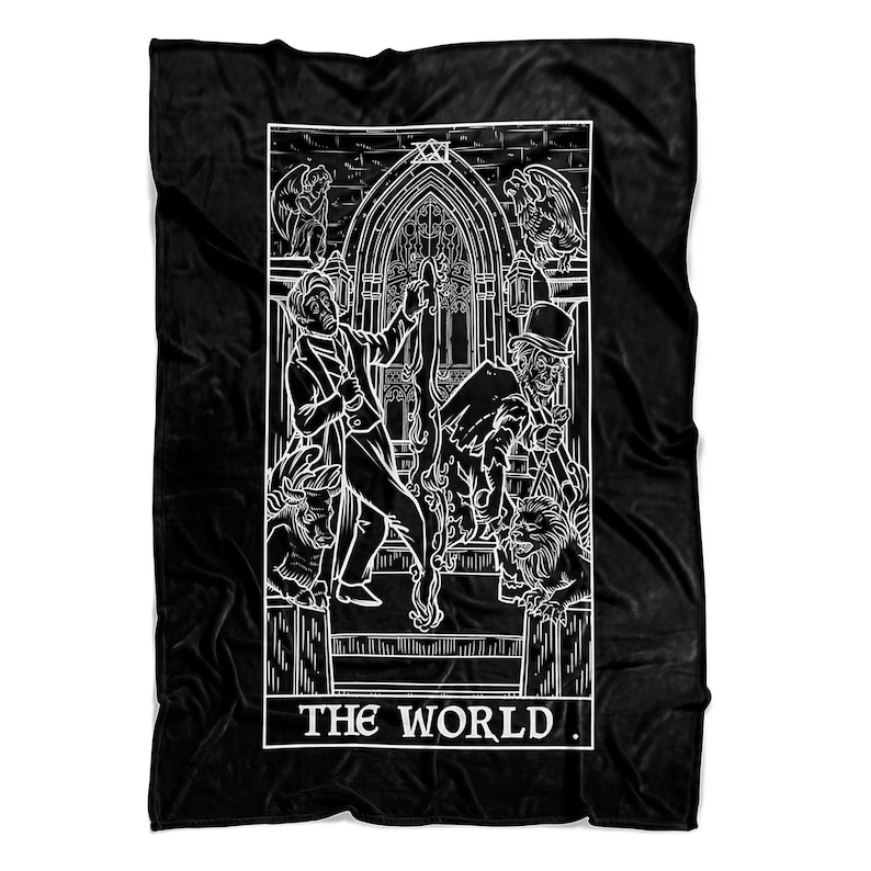 May include: Black and white illustration of a tarot card, The World, featuring a figure standing on a staircase with a crown above their head. The figure is surrounded by four creatures, two of which are holding a banner that reads "THE WORLD!"