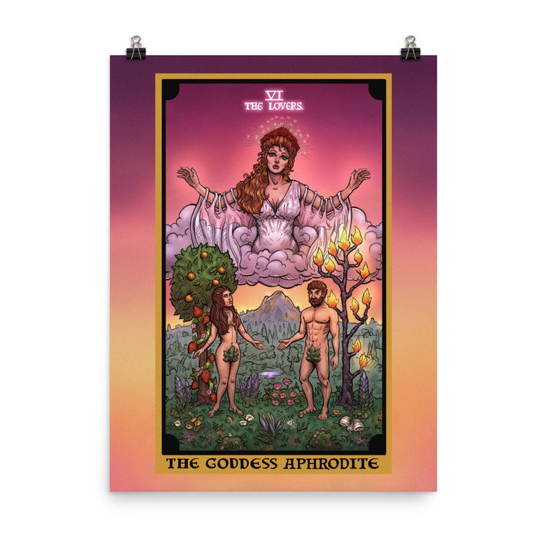 May include: A tarot card illustration of the Lovers card, featuring a woman in a white gown with outstretched arms, floating above a cloud. Below her, a man and woman stand in a garden setting, with a tree in the background. The card is titled "VI THE LOVERS" and "THE GODDESS APHRODITE".