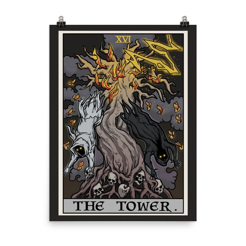 May include: A tarot card illustration depicting The Tower card. The card features a dark background with a lightning bolt striking a tree. Two figures, one white and one black, are falling from the tree. The card is labeled "XVI THE TOWER."