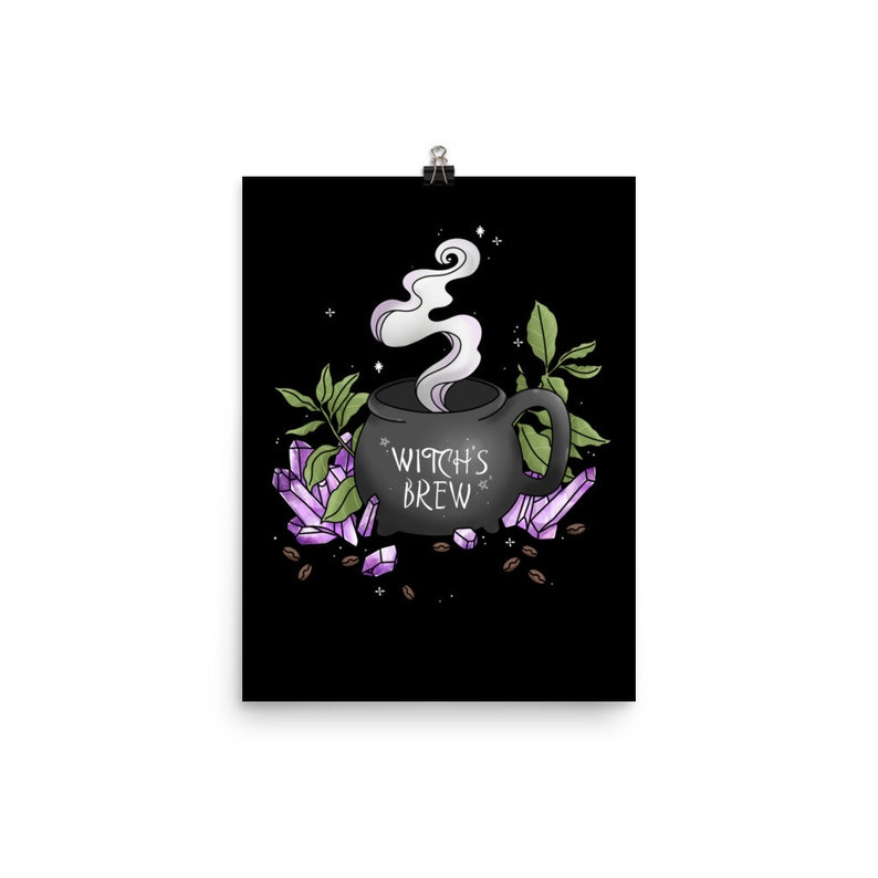 May include: A black coffee mug with the text "Witch's Brew" on it. The mug is surrounded by purple crystals, green leaves, and coffee beans. The mug has steam coming out of it.