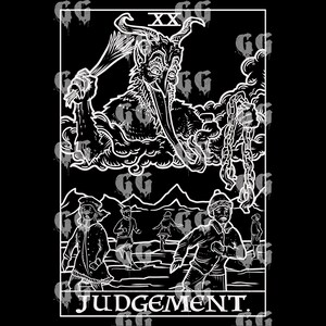 May include: A black and white illustration of the Judgement tarot card. The card depicts a winged angel blowing a trumpet, with people rising from their graves below. The card number, XX, is visible in the top center of the card. The word "JUDGEMENT" is written at the bottom of the card.