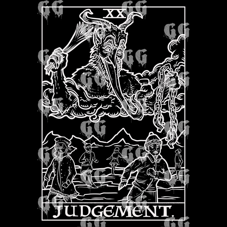May include: A black and white illustration of the Judgement tarot card. The card depicts a winged angel blowing a trumpet, with people rising from their graves below. The card number, XX, is visible in the top center of the card. The word "JUDGEMENT" is written at the bottom of the card.