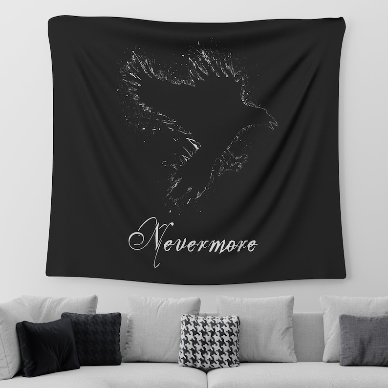 May include: Black tapestry with a white silhouette of a raven flying with the word "Nevermore" written below it.