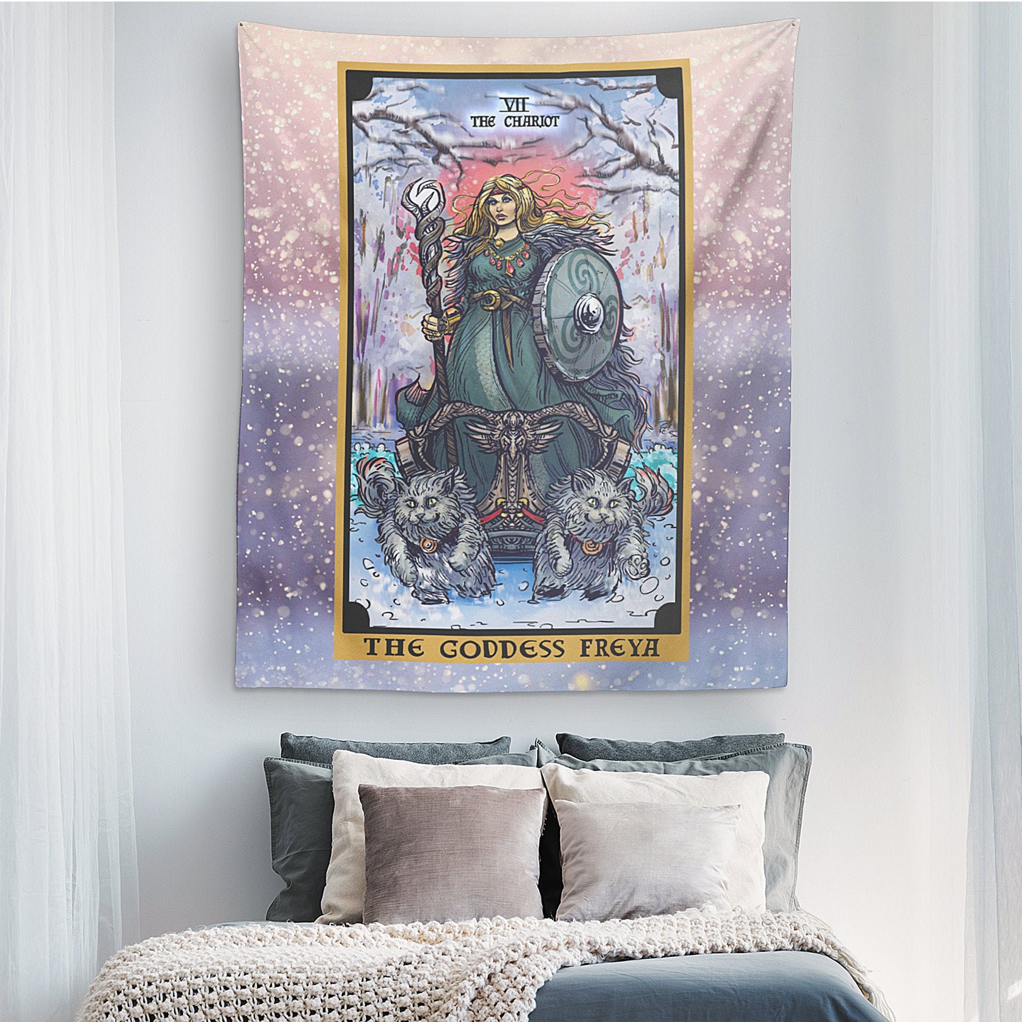 The Norse Goddess Freya The Chariot Tarot Card Tapestry Witch Wall Art Witchcraft Home Decor Freyja Art Norse Pagan Altar Freya Cats (80x68)
