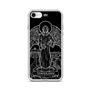May include: A black and white phone case with a tarot card design. The card is the Temperance card, which features an angel pouring water from two cups. The card number XIV is in the top right corner. The text "TEMPERANCE" is at the bottom of the card.