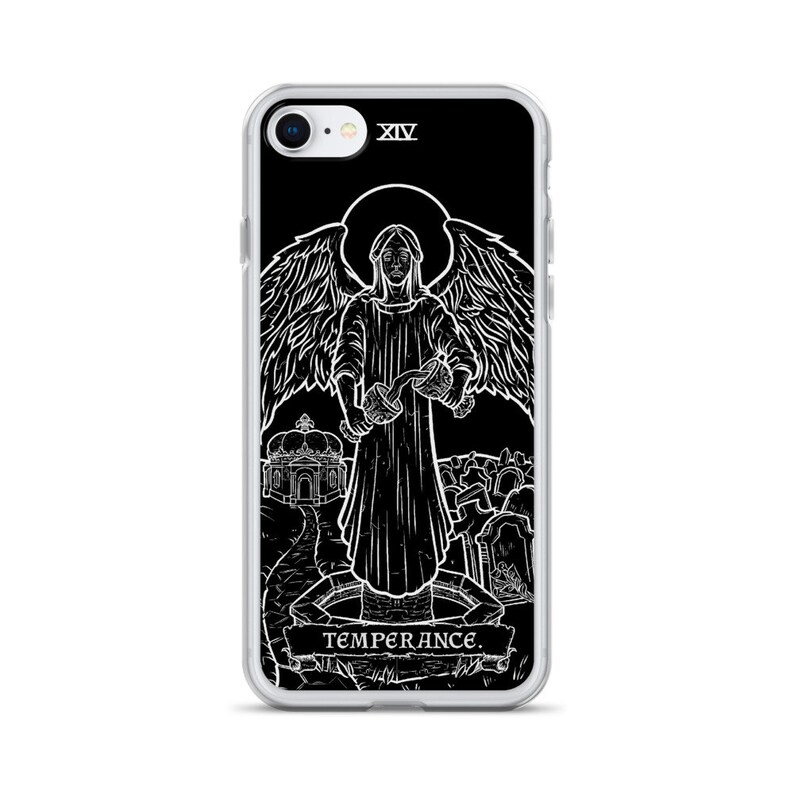 May include: A black and white phone case with a tarot card design. The card is the Temperance card, which features an angel pouring water from two cups. The card number XIV is in the top right corner. The text "TEMPERANCE" is at the bottom of the card.