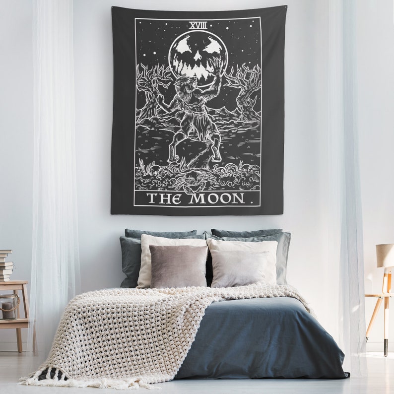 The Moon Tarot Card Tapestry Halloween Home Decor Werewolf Art Gothic Wall Art Witch Wall Hanging Goth Wall Tapestries Decorations 60x50 image 1