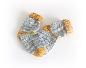 Babysocken gestrickt Größe 17/18 gestreift hellblau grau gelb