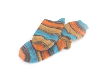 Socken Größe 40, Wollsocken, Socken gestrickt in türkis braun orange nach Farbverlauf