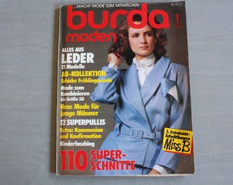 burda moden Januar 1986 | LEDER| Schicke Frühlingsmode | Mode für junge Männer | 12 Superpullis | Kommunion und Konfirmation