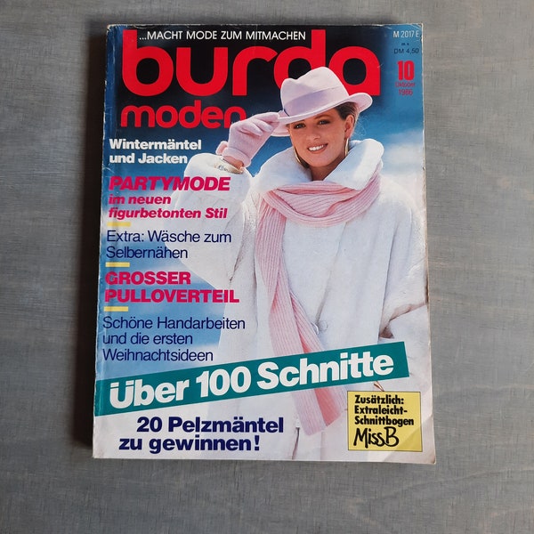 burda moden 10/1986 | Wintermäntel u. Jacken | Partymoden | EXTRA: Wäsche zum Selbernähen | Pullis | Schöne Handarbeiten | Über 100 Schnitte