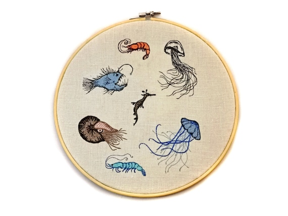 Meerestiere  Insekten Stickerei Garnele Qualle Nautilus Anglerfisch Fetzenfisch NUR in Verbindung mit einen Produkt aus meinen Shop
