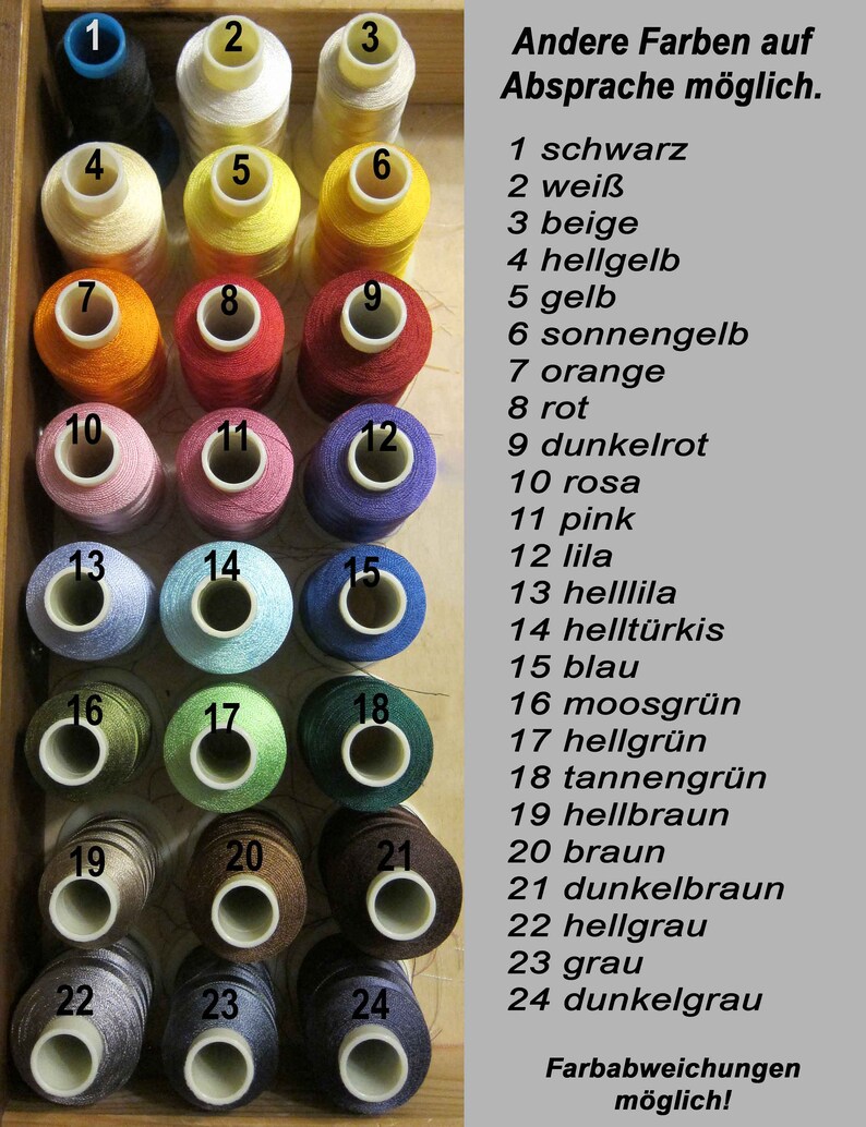 May include: A color chart of 24 spools of thread, numbered 1 through 24. The spools are arranged in four rows of six spools each. The colors include black, white, beige, yellow, orange, red, pink, blue, green, brown, and gray.