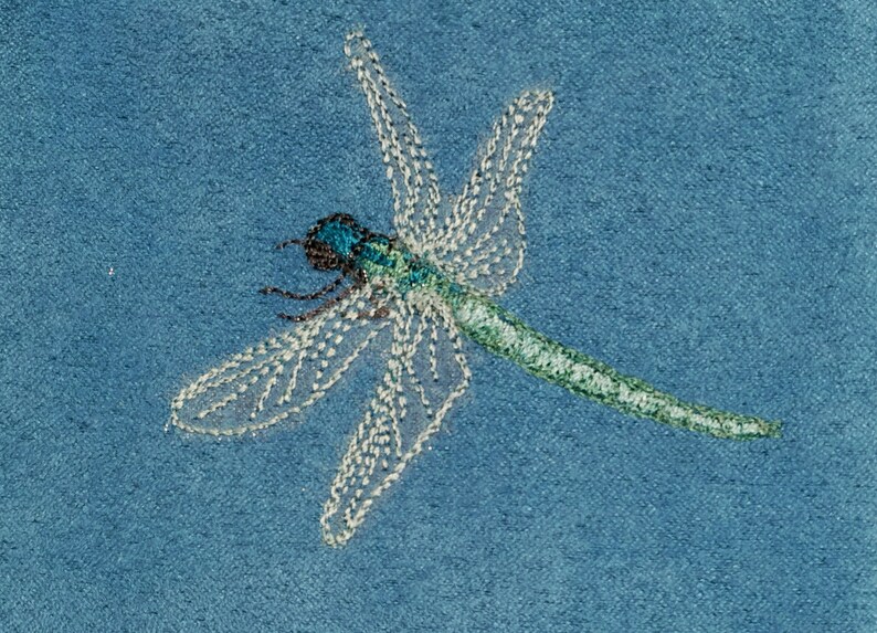 May include: A blue and green dragonfly embroidered on a blue fabric background.