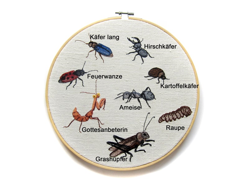 May include: Embroidered hoop art featuring various insects, including a praying mantis, a caterpillar, a grasshopper, an ant, and several beetles. The insects are labeled in German with their common names.