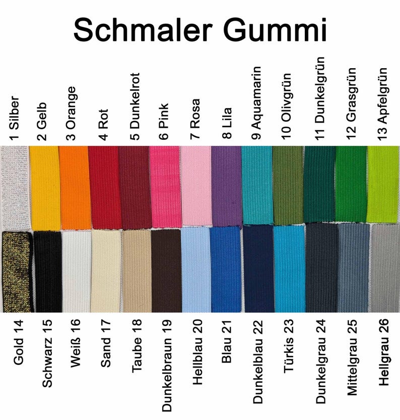 May include: A chart displaying 26 different colours of narrow elastic bands. The colours are labelled with numbers 1 through 26 and the corresponding colour names in German.