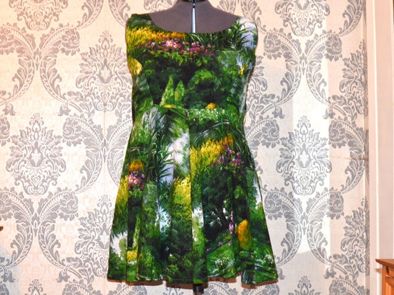 5X 30w/32w 30/32 Slightly Abstract Floral Lake Forest Sleeveless Full Circle Skirt A Line Fit Flare Dress