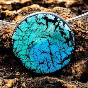 Round Murano glass pendant, aqua-turquoise. Handmade necklace on a 5-row stainless steel chain with a lobster clasp, extendable.