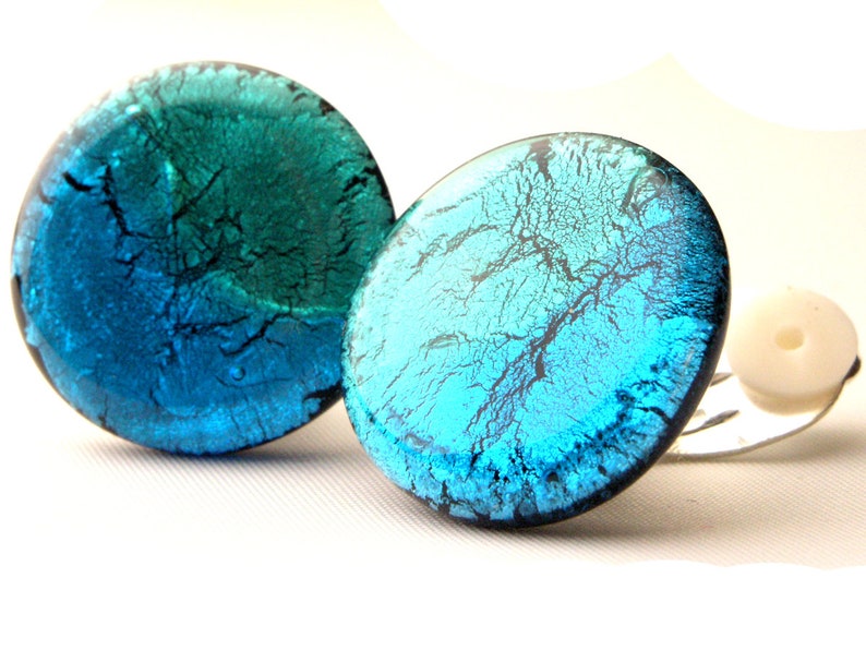 Murano glass ear clips in aqua turquoise image 1