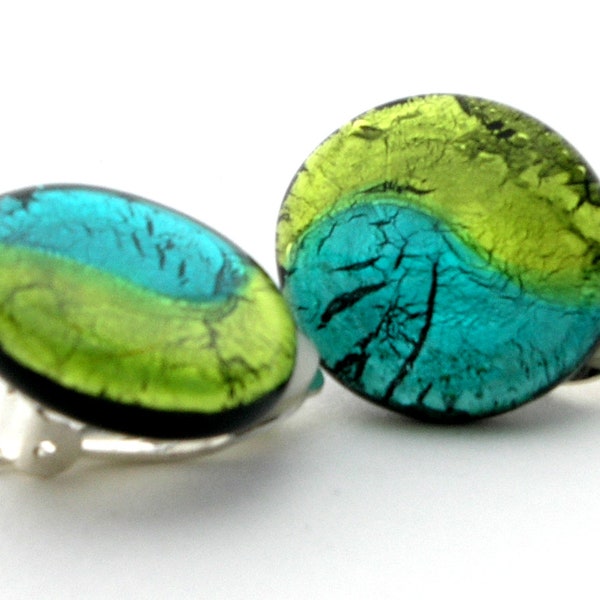 Murano glass ear clips in peridot-aqua