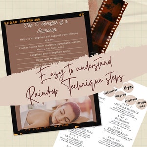 Op de afbeelding: Een close-up van een lichtbruin papier met een witte achtergrond. Het papier heeft een foto van een vrouw die op een bed ligt met haar ogen dicht. Het papier heeft de tekst "Easy to understand Raindrop Technique steps" in een bruin lettertype. Het papier heeft ook een lijst met stappen voor een raindrop-massagetechniek, met de namen van etherische oliën die in cirkels zijn vermeld.