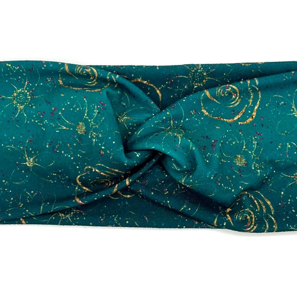 Teal and Gold Rose Twist Stretch Headband; Teal Headband; Twist Headband; Rose Headband; Adult Headband