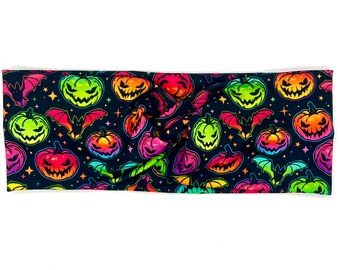 Diadema trenzada con calabazas y murciélagos neón; Diadema de calabaza; Diadema de murciélago; Diadema de Halloween