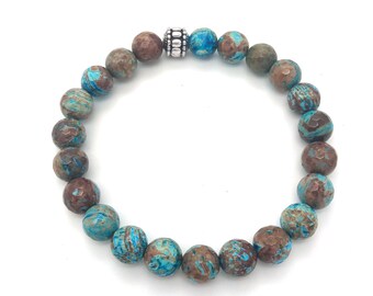 Teal and Brown Round Jasper Beaded Stretch Bracelet